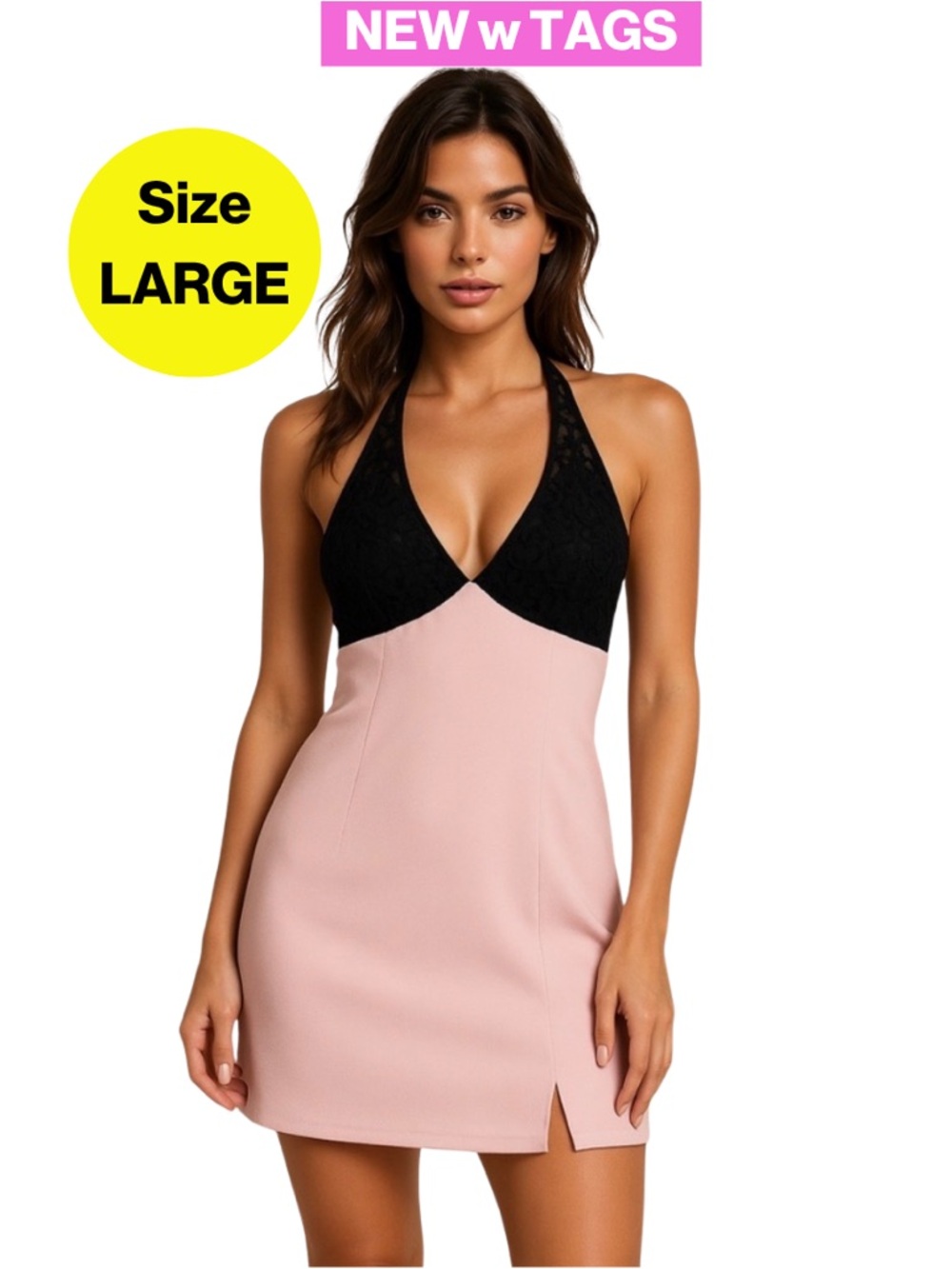 NEW w TAGS 🏷️ ROSEDRESS Elegant Pink & Black Lace Mini V-Neck Dress (Size Large)